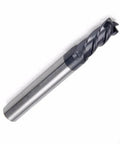 Side view of a 0.5mm solid carbide end mill with 4 flutes and AlTiN coating.