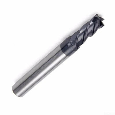 Side view of a 0.5mm solid carbide end mill with 4 flutes and AlTiN coating.