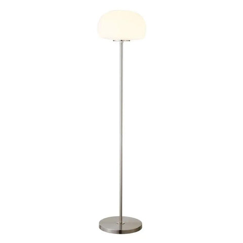 62.25 Inch Tall Floor Lamp With Glass Shade In Brushed Nickel White Milk Glass Mushroom Globe Lamp E26 Base Bulb Handcrafted Steel Base 8 Ft Cord 13 W X 13 D Great For Living Rooms Dens Or Offices With Warm Ambient Light And Modern Studio Style.