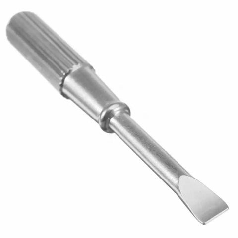 Compact Mini Screwdriver With Dang Good Non Slip Grip, Titanium Steel Precision Hand Tool For Jewelry Repairs And Household Tasks, close-up of silver titanium steel blade.