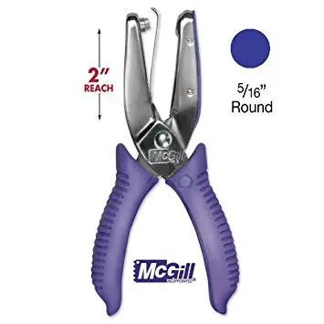 Two Inch Reach Hole Punch With Five Sixteenth Inch Round Hole Chrome And Purple Finish Ergonomic Soft Grip Handles High Capacity