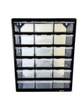 Front view of 18 Drawer Parts Organizer in Matte Black Finish for DIYers and Pros, Wall Mountable Hardware and Craft Storage Unit.