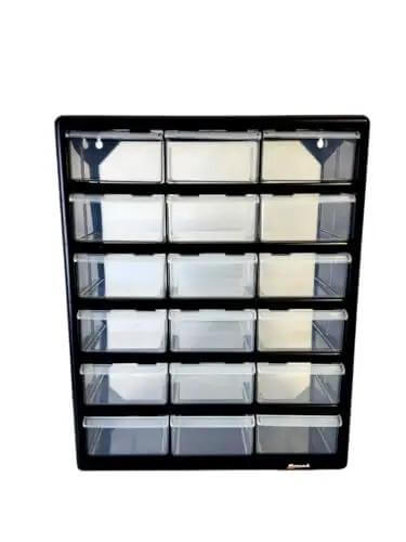 Front view of 18 Drawer Parts Organizer in Matte Black Finish for DIYers and Pros, Wall Mountable Hardware and Craft Storage Unit.