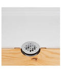 2 Inch PVC No-Calk Shower Drain With Stainless Steel Strainer, Preformed Shower Stall Base Compatible, wooden slab installation view