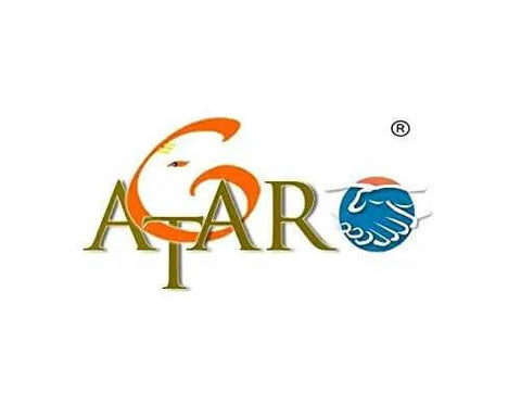Logo with orange swirl around 'ATAR', includes blue handshake graphic