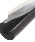 Close-up of Black Pipe Insulation Closed Cell Foam Tubing, one inch wall thickness, showing self-sealing adhesive lap seam.