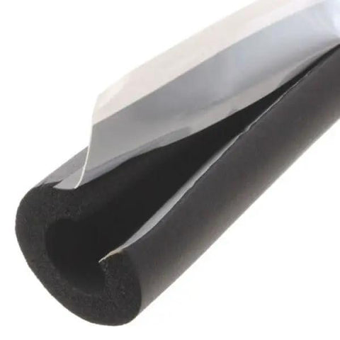Close-up of Black Pipe Insulation Closed Cell Foam Tubing, one inch wall thickness, showing self-sealing adhesive lap seam.