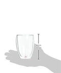 Set Of Six Double Wall Insulated Glass Tumblers Twelve Ounce Capacity Heat Resistant Borosilicate Construction Clear Look held in hand for size reference.
