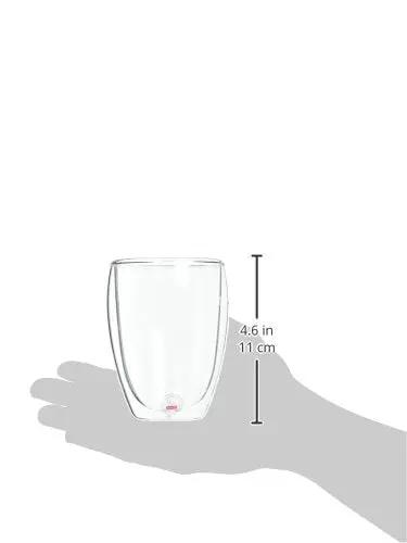 Set Of Six Double Wall Insulated Glass Tumblers Twelve Ounce Capacity Heat Resistant Borosilicate Construction Clear Look held in hand for size reference.