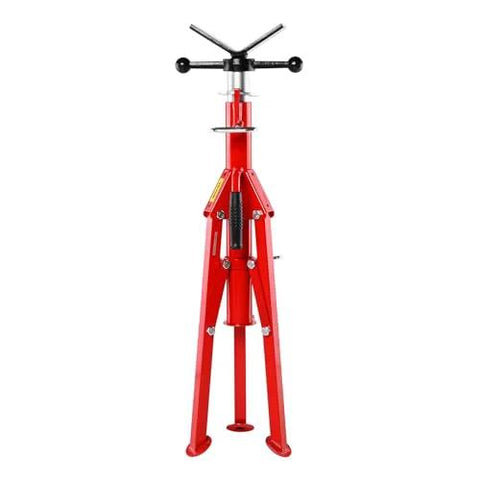 Pipe jack stand, red steel, adjustable height, folding portable design
