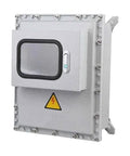 Waterproof outdoor junction box, front view; cast aluminum housing with viewing window, IP66, Amazon