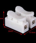 100 Piece CH2 Quick Connector Cable Clamp Terminal Block Push Type Spring Wire LED Kit For Easy Electronics Wiring Supports 0.5 To 2.5 Mm2 Wire Less Than 250V And 10A Durable PP PE Retardant Plastic, close-up view, showing connectors with dimensions.
