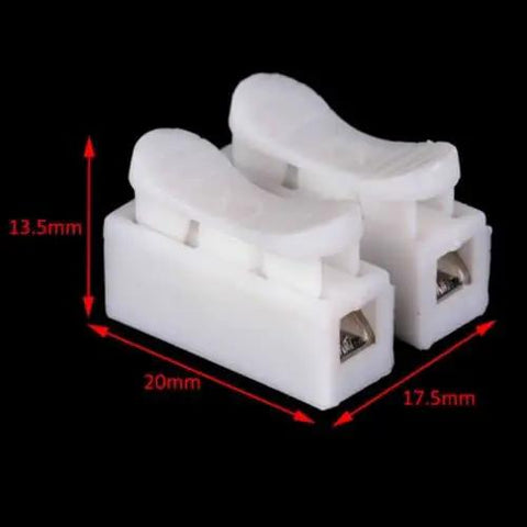 100 Piece CH2 Quick Connector Cable Clamp Terminal Block Push Type Spring Wire LED Kit For Easy Electronics Wiring Supports 0.5 To 2.5 Mm2 Wire Less Than 250V And 10A Durable PP PE Retardant Plastic, close-up view, showing connectors with dimensions.