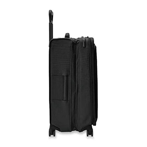 Briggs & Riley expandable spinner luggage side view, black softside 29-inch bag with 360 spinner wheels and one-touch CX compression.
