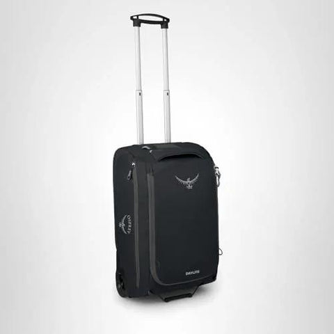 Daylite 40L collapsible wheeled carry on duffel bag in black with backpack straps for travel and gym, lightweight and durable design