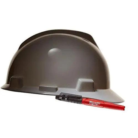 Grey hard hat with a black and red Inkzall Fine Point Marker Black 4 Pack With Clog Resistant Tip For Dusty Wet And Oily Surfaces And A Built Tough Marker For Concrete OSB And Rough Surfaces For Tough Jobs placed in front