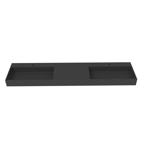 Top Shelf 84 Inch Wall Mounted Bathroom Sink In Matte Black Manmade Stone Basin with two sink spaces and flat surface.