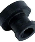 Close-up of a heavy duty rubber grommet for 1/8 inch stainless steel cable in metal cable railing posts, black color.