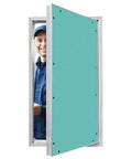 Slick Paintable Large Access Panel For Drywall Hidden Plumbing Inspection Door aluminum frame with a worker visible behind it.