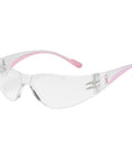 Womens Eva Rimless Safety Glasses With Pink Lenses Anti Scratch Coating Pack Of 12 Hella Secure Narrow Fit Tailored For Women Solid Industrial Eye Protection Crushes Daily Grind Work Gear with clear lenses and pink arms.
