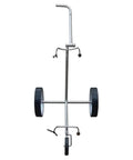 Hella Lightweight Golf Cart Featuring A Slick Three Wheel Swivel Design With Toughest Stainless Steel Frame For Effortless Course Cruising And Badass Fitness Gear Lugging, front view of the cart with stainless steel frame and wheels.