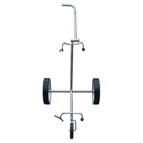 Hella Lightweight Golf Cart Featuring A Slick Three Wheel Swivel Design With Toughest Stainless Steel Frame For Effortless Course Cruising And Badass Fitness Gear Lugging, front view of the cart with stainless steel frame and wheels.