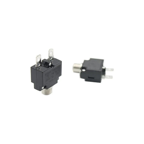 Front and side view of Automotive Circuit Breaker 50V 15A Overload Protector with 3/8 inch mounting hole for cars, boats, and RVs.