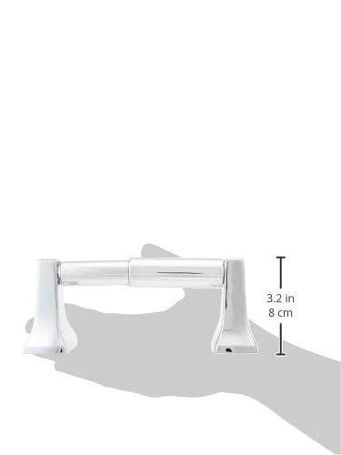 Contemporary Chrome Wall Mount Toilet Paper Holder with Easy Install Template and Spring System shown with size dimensions.