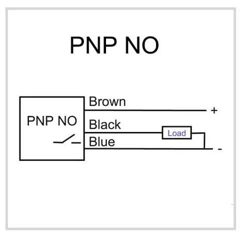 Wiring diagram for Top Notch Inductive Proximity Sensor SN04 P with 3-wire PNP NO output, showing connections for brown, black, and blue wires.