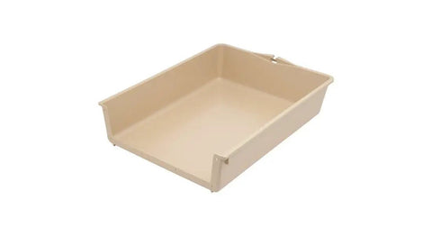 Beige plastic drawer insert for cabinets 14-5/8"W x 4"H, ideal for pantries, easy glide, 18-1/2" depth, durable bracket mounting