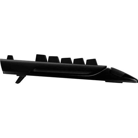 Slick Black RGB Mechanical Gaming Keyboard Featuring Prograde RomerG Switches side view showing keys and durable design.
