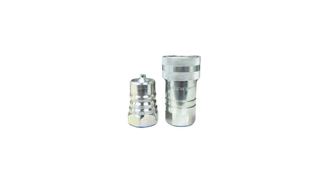 Front view of two silver hydraulic quick-connect Pioneer style couplers with 1 in NPT and yellow dust caps