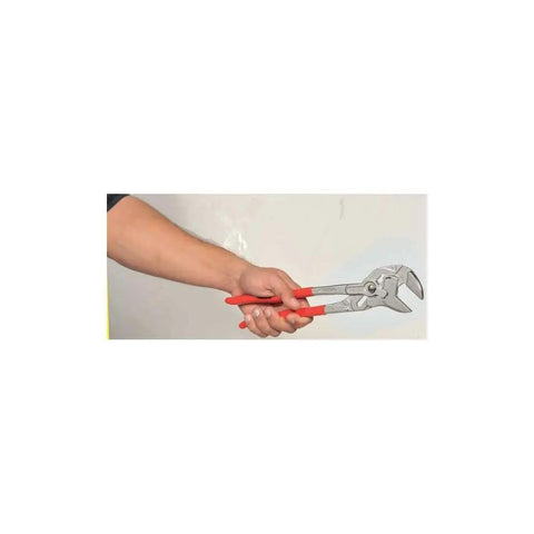 Hand holding Do It All Pliers Wrench Chrome Finish With Smooth Jaws Replaces Metric And Imperial Spanners Zero Backlash Jaw Pressure
