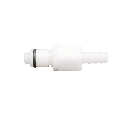 Plastic Quick Disconnect Fitting With Shut Off For Gas And Liquid Lines Beer Line Tubing Quick Disconnect With Check Valve Food Grade Five Sixteenths Inch Barb Easy Swap Leak Free When Disconnected displayed horizontally
