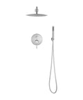Shower System, 10" Rain Head, Handheld, Brushed Nickel, Wall-Mounted with round control panel.