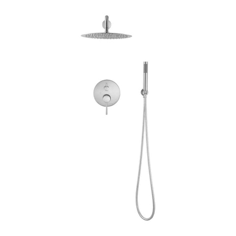 Shower System, 10" Rain Head, Handheld, Brushed Nickel, Wall-Mounted with round control panel.