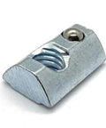 Close-up of Roll-In T-Nut with Ball Spring 5/16-18, zinc material, showing threading and ball spring detail. Compatible with 15 Series, 13040 profile.