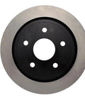 Front view of Centric Premium rear brake rotor, silver outer disc with black center hub and five lug holes