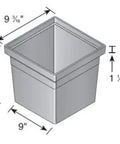 Diagram of a gray plastic square container with dimensions 9 3/16" x 9" x 7 3/8" labeled for size.