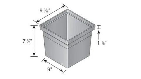 Diagram of a gray plastic square container with dimensions 9 3/16" x 9" x 7 3/8" labeled for size.