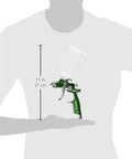 Top Shelf Forged HVLP Touch Up Gun With 1MM Nozzle And Plastic Cup held in hand, measuring 11 inches in height.