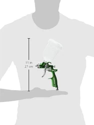 Top Shelf Forged HVLP Touch Up Gun With 1MM Nozzle And Plastic Cup held in hand, measuring 11 inches in height.