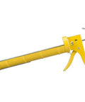 Dripless CR400 caulk gun, yellow cradle-frame side view with ladder hook and built-in cutter; 29 oz capacity.