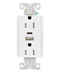 White Tamper Resistant AC Wall Receptacle With Integrated USB And USB-C Ports For Fast Device Charging 5 Amp Combined Output mounted vertically.