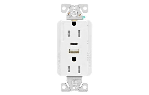 White Tamper Resistant AC Wall Receptacle With Integrated USB And USB-C Ports For Fast Device Charging 5 Amp Combined Output mounted vertically.