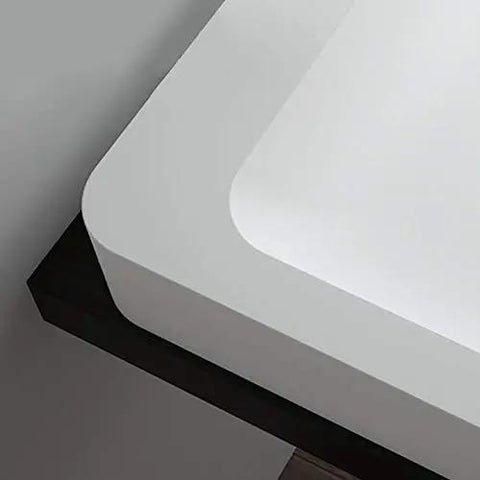 Slick Rectangular Bathroom Vessel Sink Crafted From Heavy Duty Artificial Stone Table Top Basins Featuring Thick Edges Detail View of Corner