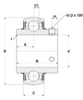 Technical diagram of 1 Inch Stainless Steel Insert Bearing With Locking Set Screws MUC205-16 SUC205-16, showcasing dimensions and design.