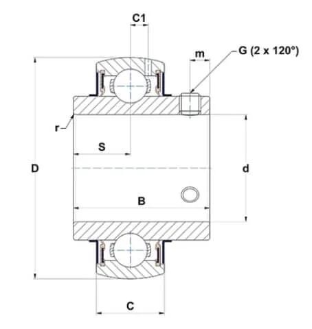 Technical diagram of 1 Inch Stainless Steel Insert Bearing With Locking Set Screws MUC205-16 SUC205-16, showcasing dimensions and design.