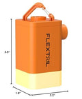 Front view of FLEXTAILGEAR portable air pump; orange housing with yellow base, top handle, side nozzle