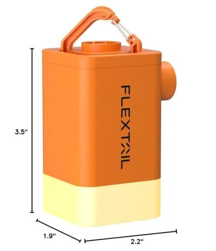 Front view of FLEXTAILGEAR portable air pump; orange housing with yellow base, top handle, side nozzle